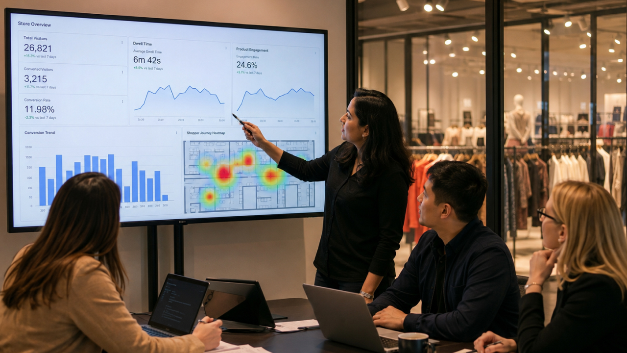Retail team reviewing shopper behaviour, dwell time, conversion data